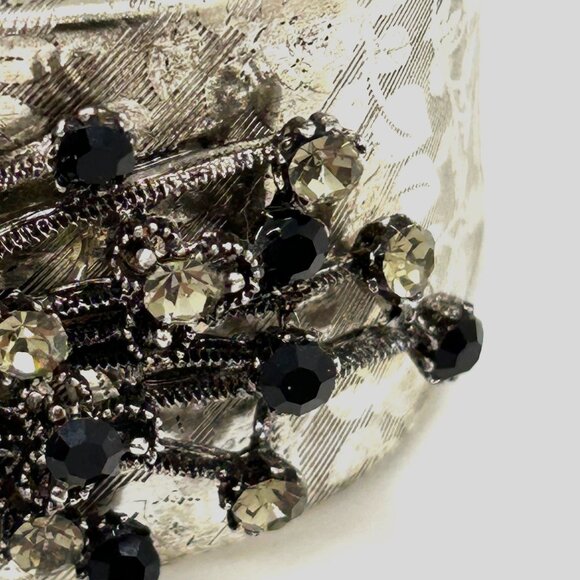 Vintage Black & Smokey Rhinestone Bracelet Hinged Etched Silver-Tone 6.5 Clamper - Picture 5 of 16